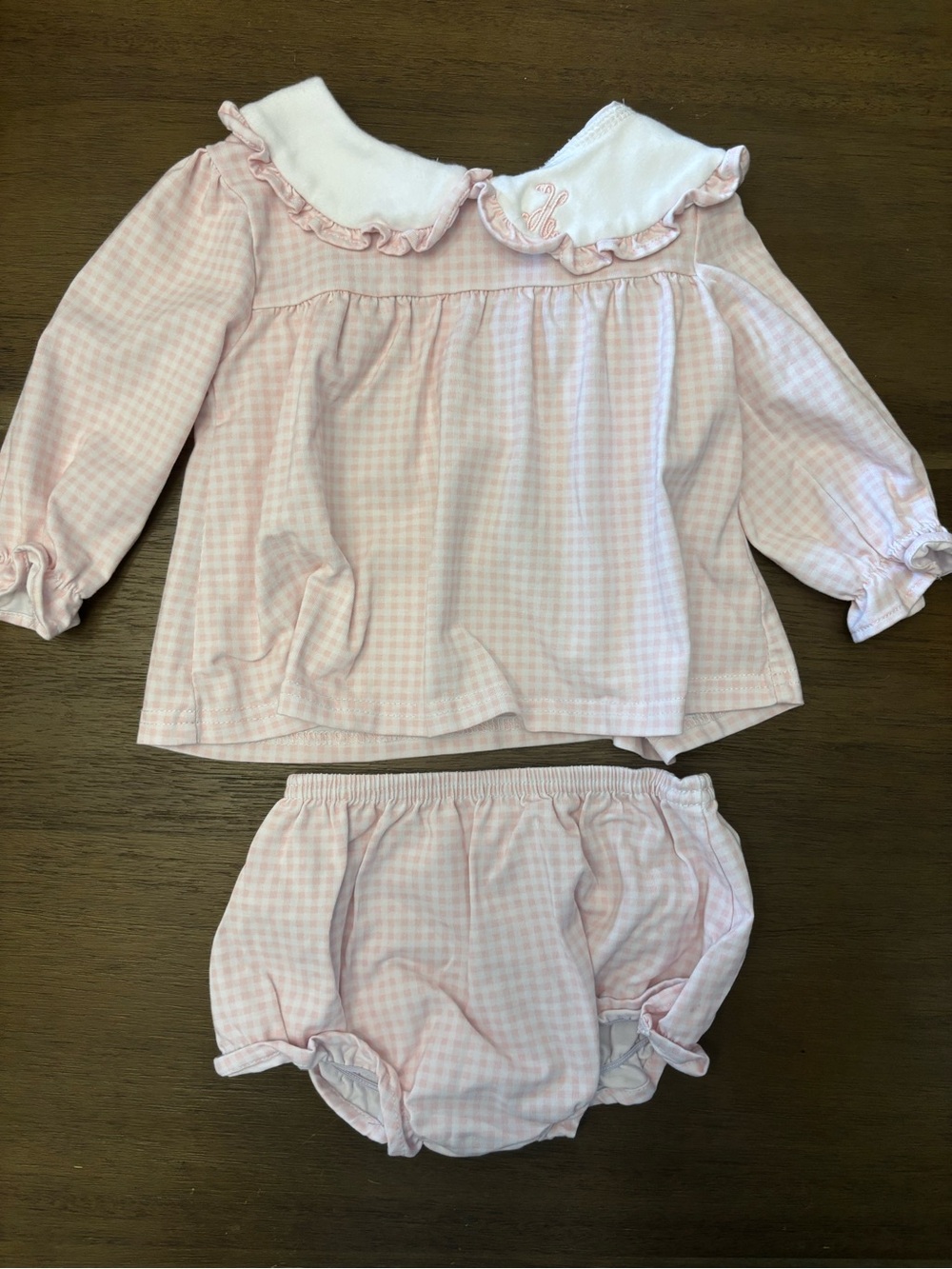 Pink Gingham Baby Matching Set with “H” monogram on Peter Pan Collar